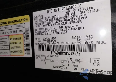 2017 Ford Mustang Ecoboost z USA, uszkodzony, nr VIN 1FA6P8TH2H5218175